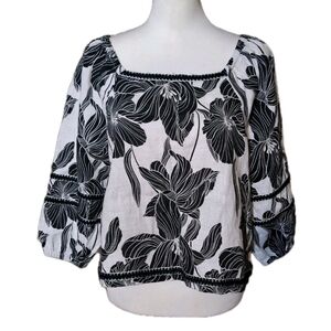 Tahari Womens M 100% Linen Floral Tropical Blouse Beachy Vacation Resort Boho